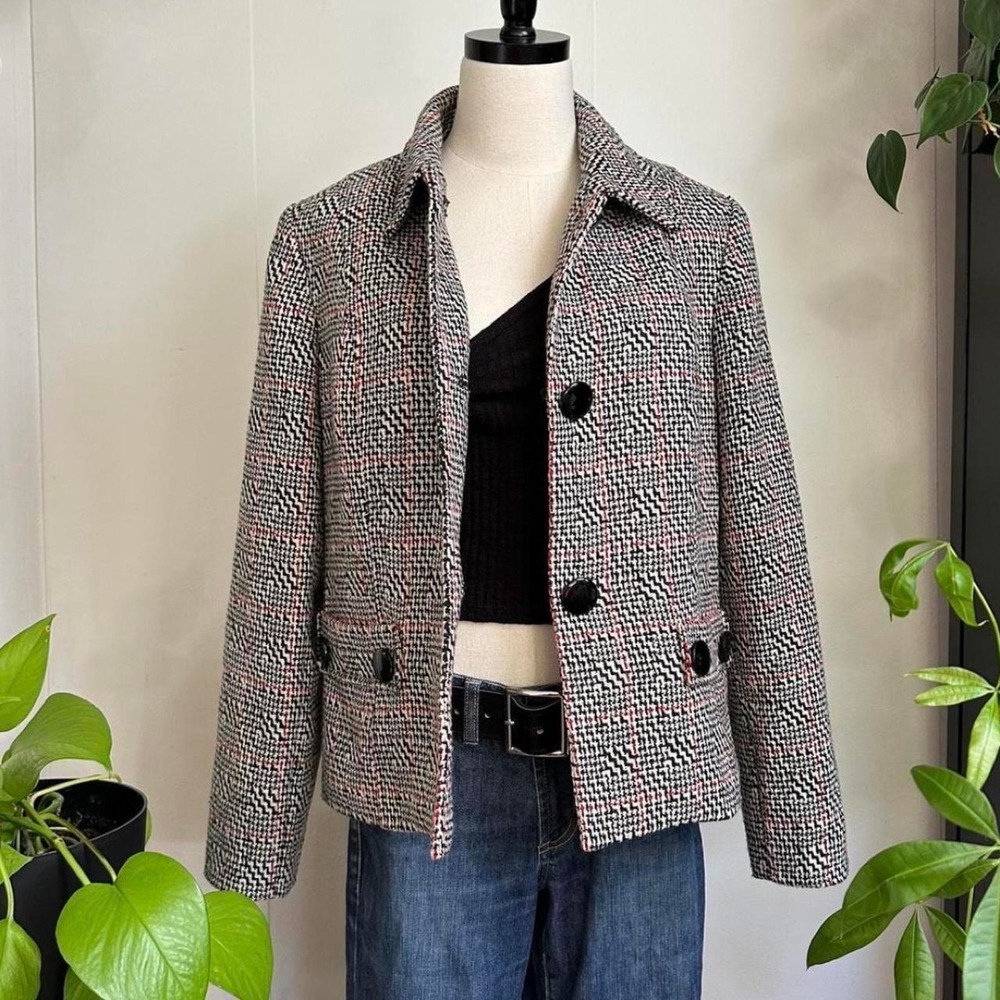 JM Collection Vintage Houndstooth Jacket Black White Red Petite 14P Cropped Coat